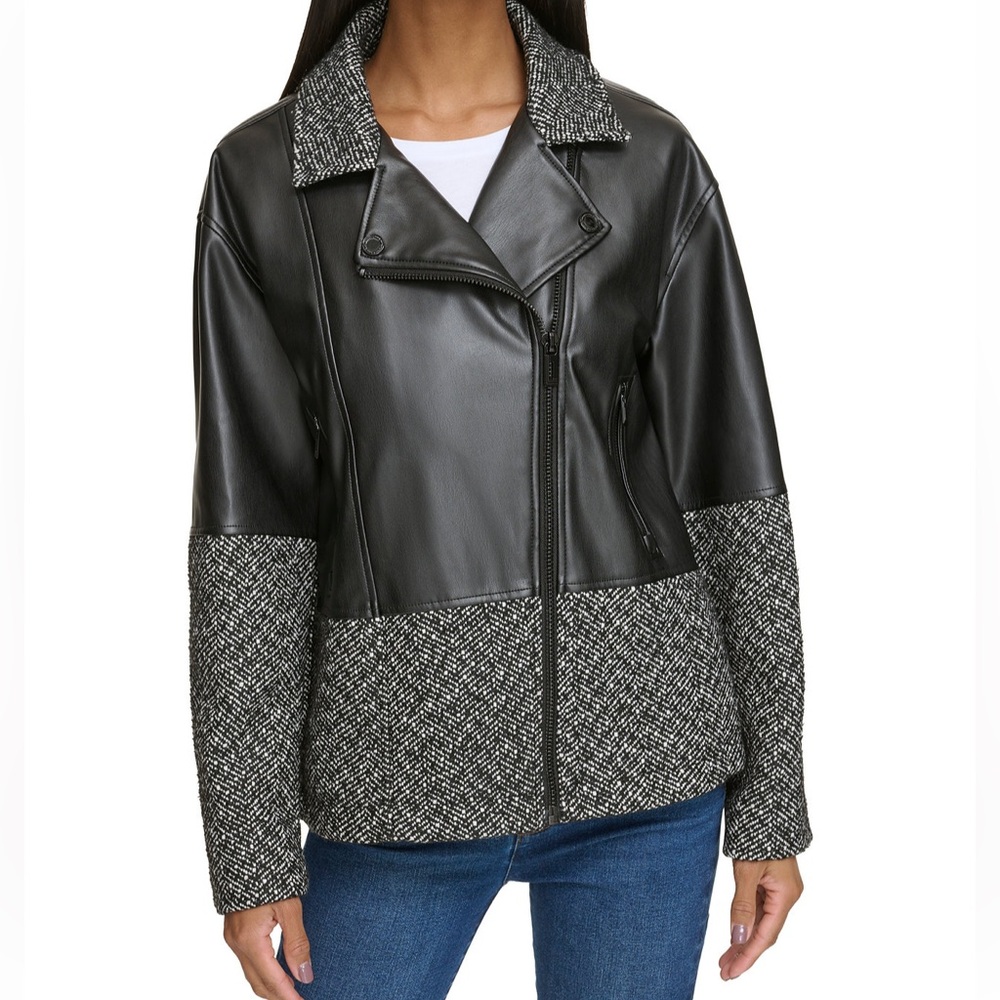 Karl Lagerfeld Black and Textured Gray Leather Jacket